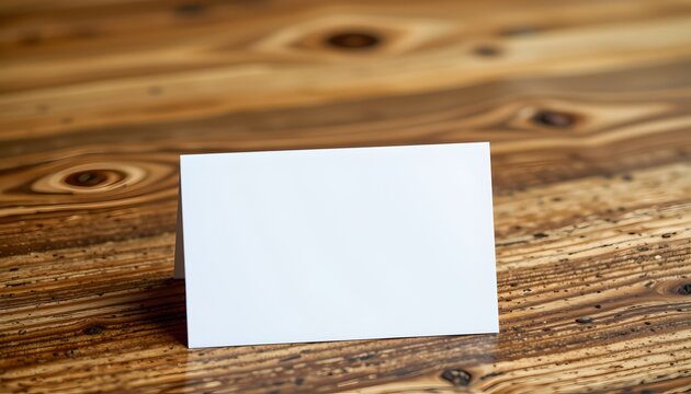 A plain white business card resting on a wooden surface, showcasing its simplicity and readiness for use in a professional context.