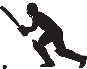 Silhouette of a cricket player swinging a bat and ball.
A black silhouette of a cricket batsman in mid-swing, captured against a white background. The player is wearing protective gear.
