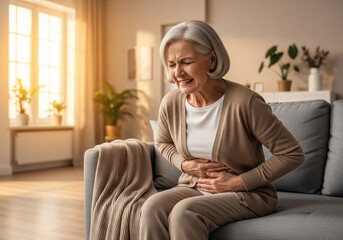 Elderly woman suffering from stomach pain at home
