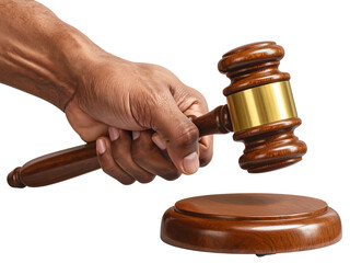 Male Hand Holding Courtroom Gavel in Action – Isolated PNG.