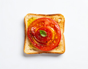 Pan con tomate natural y aceite de oliva virgen sobre fondo blanco, alimento de la gastronomía española y los colores de la bandera de España