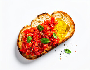 Pan con tomate natural y aceite de oliva virgen sobre fondo blanco, alimento de la gastronomía española y los colores de la bandera de España