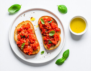 Pan con tomate natural y aceite de oliva virgen sobre fondo blanco, alimento de la gastronomía española y los colores de la bandera de España para menús y turismo culinario