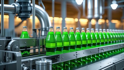 Fototapeta premium An automated system fills plastic bottles with green soda along an assembly line in a softly lit industrial setting, representing the concept of a modern manufacturing facility.