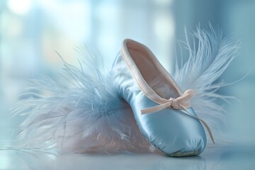 Pair of blue ballet slippers with a pink bow is placed on top of a pile of feathers. The feathers are scattered around the slippers, creating a whimsical and playful scene