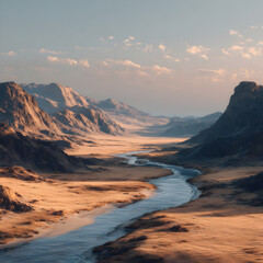 Fototapeta premium Serene winding river carves through vast desert canyon landscape bathed in warm golden hour sunlight