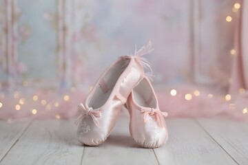 Two pink ballet slippers are standing next to each other on a wooden floor. The slippers are adorned with bows and appear to be new. Concept of elegance and grace
