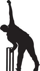 Silhouette of a cricket player swinging a bat and ball.
A black silhouette of a cricket batsman in mid-swing, captured against a white background. The player is wearing protective gear.
