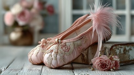Pair of pink ballet slippers with a feather on the toe. The slippers are placed on a wooden surface next to a vase of flowers. Concept of elegance and grace