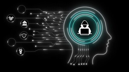 Futuristic glowing digital brain with neural circuit lines linked to hacker and finance icons, symbolizing cybersecurity threats, AI protection, and data intelligence. - Powered by Adobe