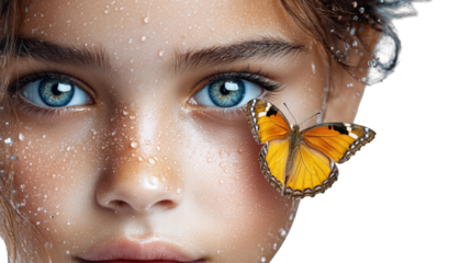 Little girl with butterfly on cheek symbolizing connection with nature on transparent background