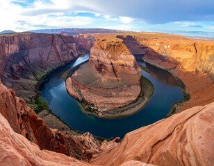 High-angle panoramic view of the Horseshoe Bend.  Vast, sweeping curve of the Colorado River, framed by colorful red rock formations.  Dramatic clouds and light