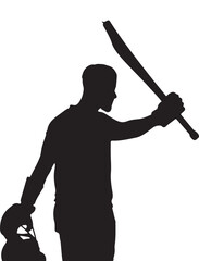 Silhouette of a cricket player swinging a bat and ball.
A black silhouette of a cricket batsman in mid-swing, captured against a white background. The player is wearing protective gear.

