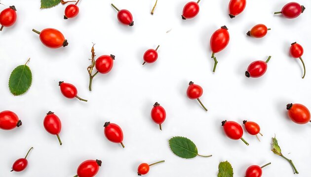 Overhead shot of scattered vibrant red rose hips with green leaves and tiny stems against a bright white backdrop