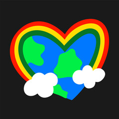 World Kindness Day Vector Illustration. Earth Heart with Rainbow and Clouds on Dark Background
