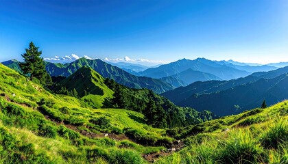 Fototapeta premium Lush Green Mountain Panorama with Clear Blue Sky and Distant Mountain Peaks in Daylight