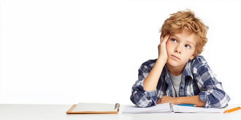 Primary school student sitting at desk doing homework seriously,copy space,clipart,banner.
