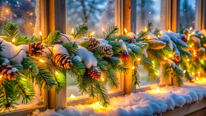 Cozy christmas window sill adorned with snowcovered pine branches, pinecones, and warm fairy lights, creating a magical winter scene for holiday cheer