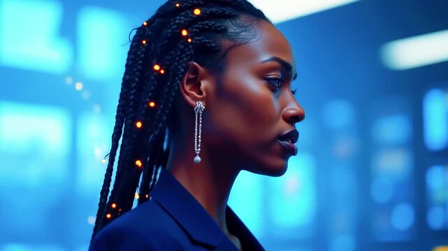 Portrait of a woman with dark skin, adorned with braids and futuristic accents