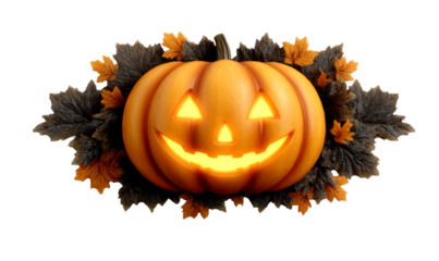 Happy Halloween Pumpkin with Leaves Isolate on Transparent Background, cutout, png