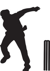 Silhouette of a cricket player swinging a bat and ball.
A black silhouette of a cricket batsman in mid-swing, captured against a white background. The player is wearing protective gear.
