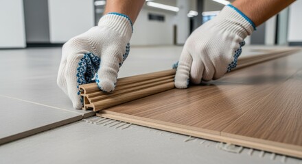Hands aligning a grooved Tmold strip on an unfinished floor bridging ceramic tile and wood laminate in a modern interior setting.