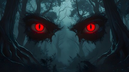 Terrifying red eyes glaring from a dark misty forest