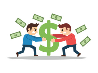 This illustration of two men arguing or fighting over a large dollar sign depicts competition or conflict over money. The flat design style, with bright colors, features flying banknotes surrounding t