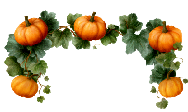 Pumpkin Border with Green Leaves and Vine Elements Isolate on Transparent Background, cutout, png