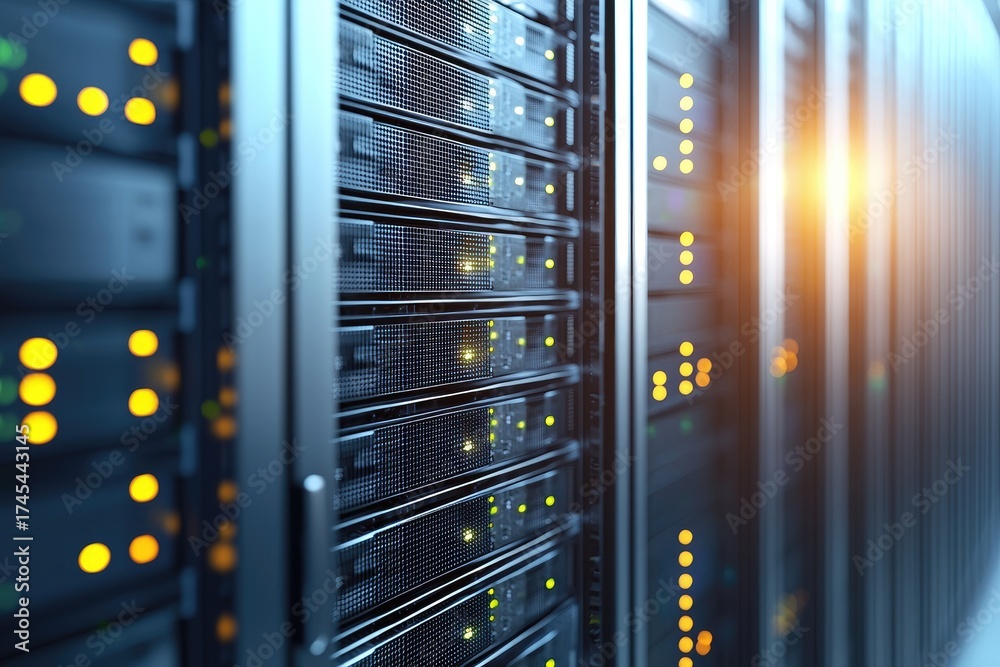 Wall mural close-up of illuminated yellow and blue server racks in a modern data center representing high-perfo