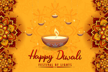 Happy Diwali Festival of Lights Background with Ornate Glowing Lamps, Decorative Floral Mandala Borders, Vibrant Indian Celebration Design, and Elegant Festive Greeting Card Artwork