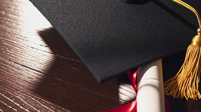 Close-up, angled shot of a graduation cap and diploma on a wooden surface, capturing the essence of achievement, ideal for educational video content.