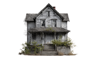 Weathered, abandoned house with overgrown porch