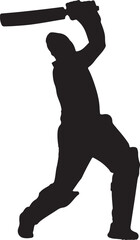 Silhouette of a cricket player swinging a bat and ball.
A black silhouette of a cricket batsman in mid-swing, captured against a white background. The player is wearing protective gear.
