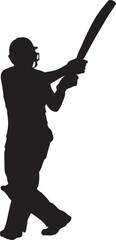 Silhouette of a cricket player swinging a bat and ball.
A black silhouette of a cricket batsman in mid-swing, captured against a white background. The player is wearing protective gear.
