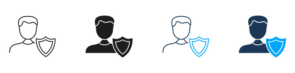 Person With Shield Line And Solid Icon Set. Security, Protection, And Privacy Assurance Symbol Collection. Cybersecurity And Data Safety Representation. Isolated Vector Illustration