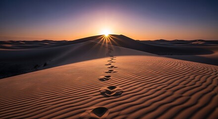 Footprints lead up the rippled, golden slope of a desert sand dune towards the sunburst peaking over the crest during a dramatic sunset or sunrise.

