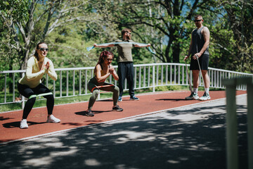 A group of people engaging in an outdoor fitness exercise session, working collaboratively in a park setting, surrounded by green trees, showcasing teamwork and dedication to healthy living.