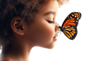 Butterfly on Child's Nose with Closed Eyes, Transparent Background