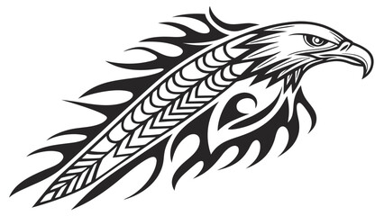 Fototapeta premium Stylized tribal eagle head design with intricate feather and flame patterns in black and white illustration