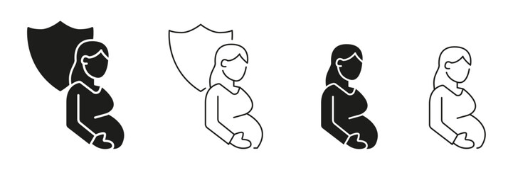 Pregnant Woman With Shield Line And Solid Icon Set. Insurance, Maternity Protection, Prenatal Care, And Health Safety Symbol Collection. Motherhood And Wellness. Isolated Vector Illustration