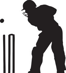 Silhouette of a cricket player swinging a bat and ball.
A black silhouette of a cricket batsman in mid-swing, captured against a white background. The player is wearing protective gear.
