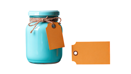 Teal glass jar with orange tag