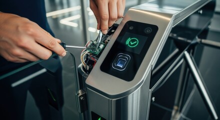 Hands assembling smart turnstile biometric reader panel reflecting hightech installation process for secure employee identification systems.