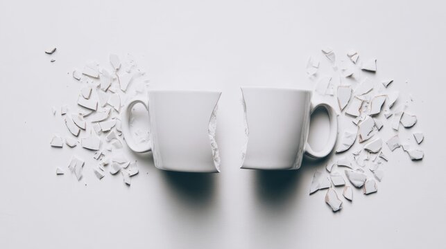 shards. A white ceramic mug cleanly split in two halves, fragments scattered on a plain surface. menu design, packaging mockups, designed for food delivery and cloud-kitchen brand materials.
