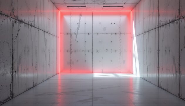 An interior space that appears to be a large room with a red floor. The room features gray walls and columns and has a dark and somewhat moody atmosphere