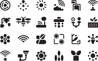 Collection of modern black and white icons depicting nature technology and wireless connectivity