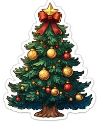 A sticker of a decorated Christmas tree with golden ornaments and a red ribbon bow on top. Playful whimsical style with soft pastel festive tones, flat colors, clean outline, bold lines, and a white b