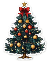 A sticker of a decorated Christmas tree with golden ornaments and a red ribbon bow on top. Playful whimsical style with soft pastel festive tones, flat colors, clean outline, bold lines, and a white b