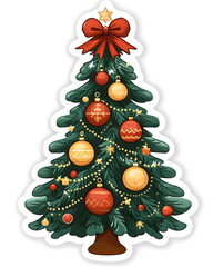 A sticker of a decorated Christmas tree with golden ornaments and a red ribbon bow on top. Playful whimsical style with soft pastel festive tones, flat colors, clean outline, bold lines, and a white b